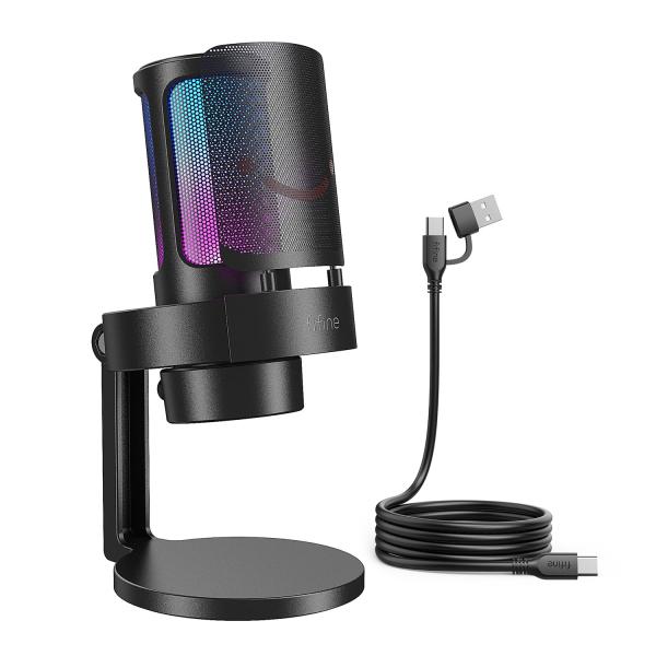 FIFINE USB 配信用マイク コンデンサー式 単一指向性 スタンド付き PC/PS4/PS5対応 ゲーミング/録音用 黒 A8