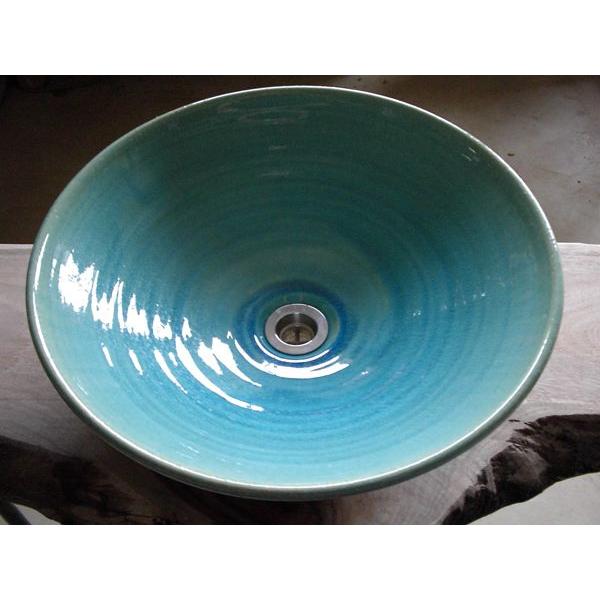 真山窯 手洗い鉢 中サイズ 32cm ブルーガラス 排水金具付