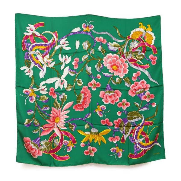 CHANEL（シャネル） シルクスカーフ グリーン フラワー 花柄 蝶 ココ