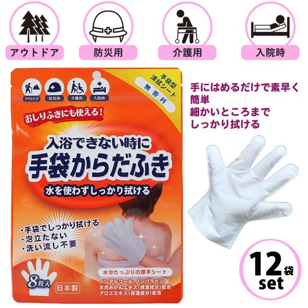 本田洋行 12袋セット 体拭きシート 手袋 からだふき 8枚入 無香料 手袋