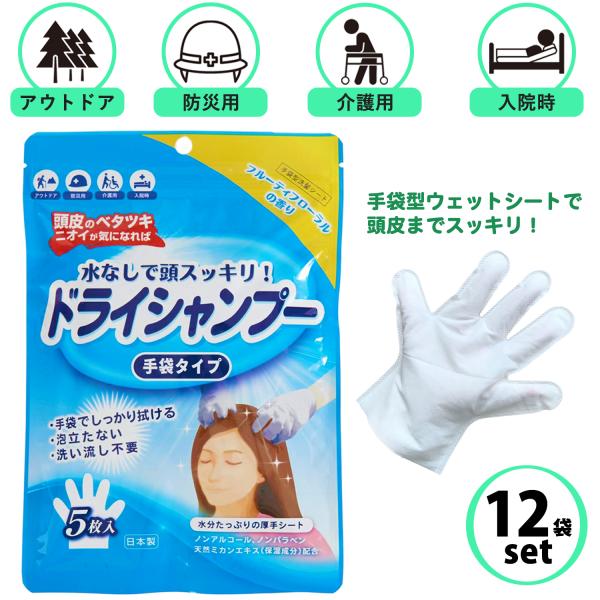 本田洋行 12袋セット シャンプー ドライシャンプー 手袋 5枚入 水不要