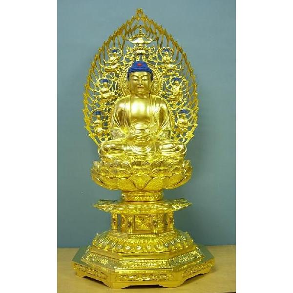 仏像 釈迦如来 座像 身丈8寸総高80cm 飛天光背 八角台 桧木総金箔 座