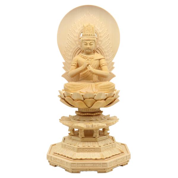 【工場直販のため低価格にて提供】【身丈3寸、総高28cm、幅14cm、奥行き14m】　大日如来密教の根本聖典たる金剛頂経及び大日経の教主にして金胎両部曼荼羅界の主尊。宇宙一切の森羅万象の本体となし、過去、現在、未来の三世において常恒不易の真...