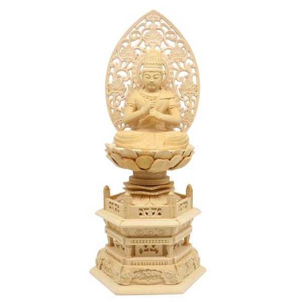 【工場直販のため低価格にて提供】【身丈3寸、総高33cm、幅15cm、奥行き11.5m】　大日如来密教の根本聖典たる金剛頂経及び大日経の教主にして金胎両部曼荼羅界の主尊。宇宙一切の森羅万象の本体となし、過去、現在、未来の三世において常恒不易...