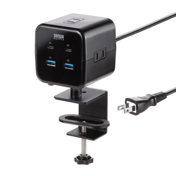 サンワサプライ クランプ固定式タップ TAP-B115UC-2BK （簡単脱着・4方向向き変更・卓上使用対応・PD65W） タップ 充電器 ブラック ノートPC