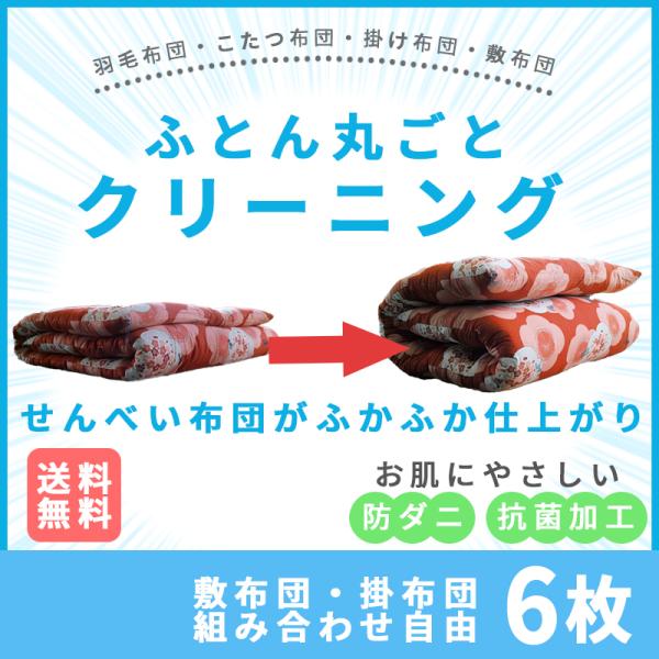 【商品名】ふとん宅配クリーニング【6枚コース】　布団クリ ーニング　丸洗い　防菌防ダニ加工付き【商品説明】全国ふとんクリーニング協会認定の安心品質です。自社工場で温水丸洗いいたします。中綿の染み込んだ汗、汚れ、ダニ、雑菌、ニオイまでキレイス...