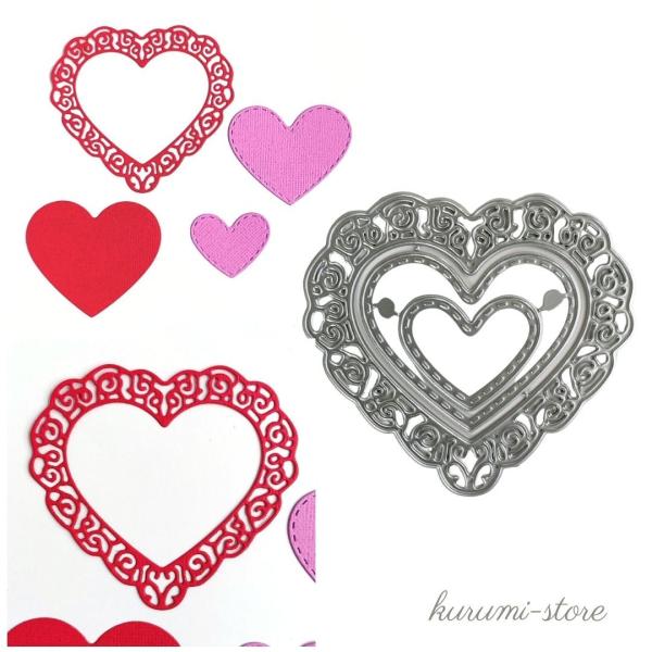 こちらは、フチの飾りがかわいいハートのダイカット用抜型です。ステッチが入る型もあります。スクラップブッキングやアルバム、カード作りにお役立てください。抜型のみのお届けです。使用例のカードやペーパーは含まれません。取扱説明書はありません。【サ...