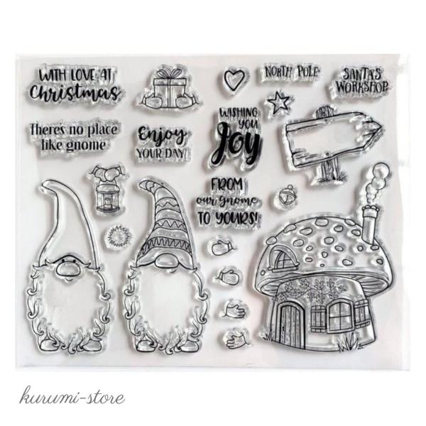 ▶︎import/海外シリコンスタンプ/フレームと英字 クリアスタンプ 小人 きのこの家 英字 ペーパークラフト はんこ