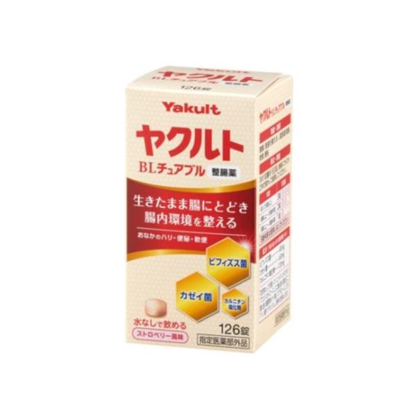 ●ヤクルトＢＬチュアブル整腸薬　１２６錠●効能・効果：整腸（便通を整える）、腹部膨満感、軟便、便秘 （６）成分：成人の１日服用量（９錠）中（添加物を除く） ●成分 ビフィズス菌   ４５ｍｇ  カゼイ菌 ６０ｍｇ カルニチン塩化物 １２０ｍ...