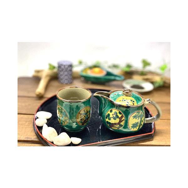 九谷焼 高級 陶磁器 急須2点セット 小 丸紋松竹梅緑塗り 裏絵(Kutani