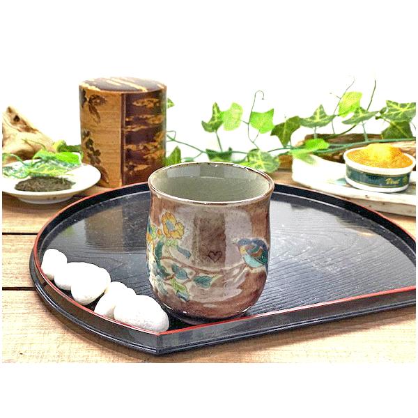 九谷焼 高級 陶磁器 湯呑 大 金糸梅に鳥紫塗り 裏絵(Kutani teacup