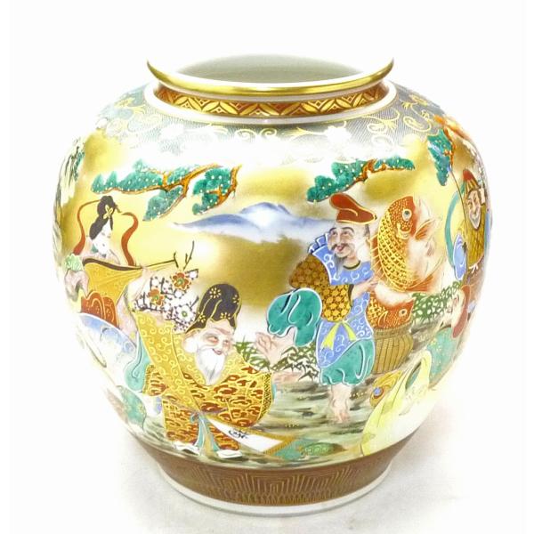九谷焼 高級 陶磁器 花瓶 本金 七福神 青粒 10号 (Kutani Vase) ギフト