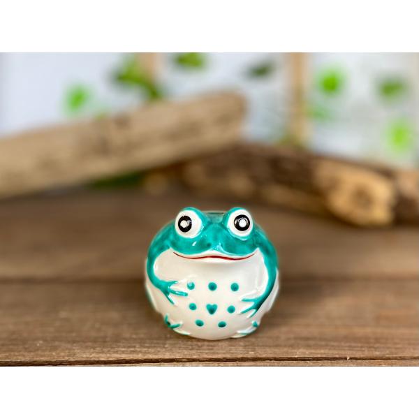 九谷焼 高級 陶磁器 カエル 大 深緑 ドット ハート 裏書 (Kutani Frog