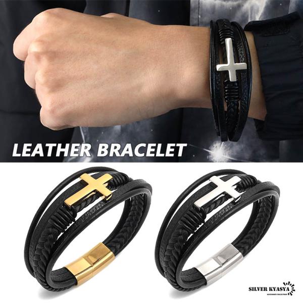 レザーブレスレット クロス ブレスレット メンズ レザー ステンレス クロス 十字架 定番 ゴールド