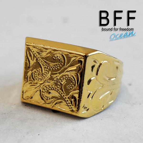 ＼2個で10％OFF 3個で20％OFFクーポン／BFF ブランド ハワイアンリング メンズ 印台リング 四角 スクエア ゴールド 18KGP シグネットリング 専用BOX 爆買