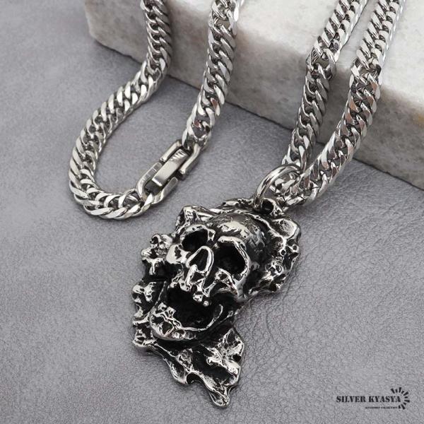 ステンレス スカルネックレス シルバー ダブル喜平チェーンネックレス