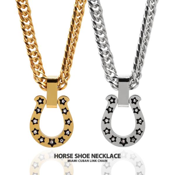 (ゴールド、45cm) 馬蹄ネックレス メンズ 6面カット ダブル喜平 ホースシュー ステンレス 金属アレルギー対応