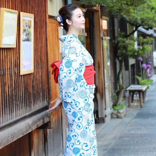 レディース 浴衣 単品 綿麻【23】麻混 高級 ゆかた ホワイト系 青系 菊