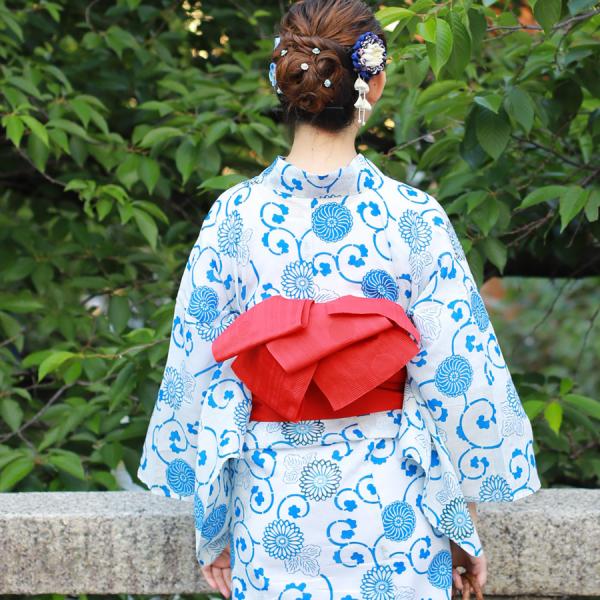 レディース 浴衣 単品 綿麻【23】麻混 高級 ゆかた ホワイト系 青系 菊
