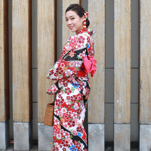 レディース 浴衣 単品 綿麻【26】麻混 高級 ゆかた 黒系 桜 菊 : 京の