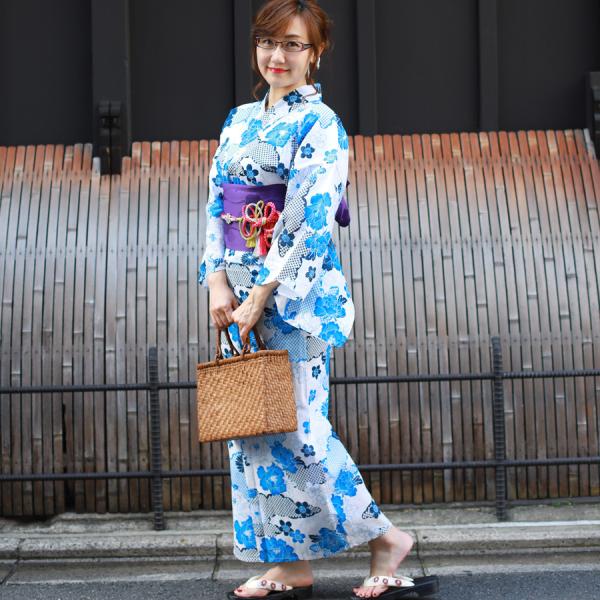 レディース 浴衣 単品 綿麻【29】麻混 高級 ゆかた 白系 菊 牡丹 : 京