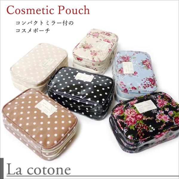 花柄やドット柄がかわいいコスメポーチです。２か所開くコスメポーチダブルです！コンパクトサイズのミラーとブラシホルダー付です。【サイズ】横：19cm高さ：12cmマチ：6cm【素材】PVC（綿生地をコーティング加工）