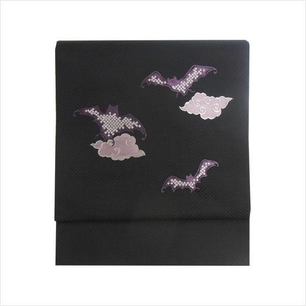 ☆美品 コウモリ柄 染め名古屋帯　黒　正絹 名古屋帯 正絹 黒 蝙蝠 〜こうもり〜 ブラック 京玉響 西陣織 : 名古屋