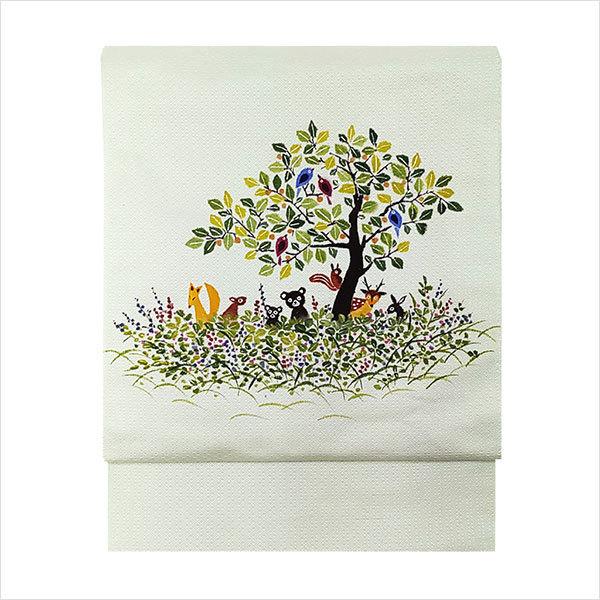 名古屋帯 正絹 手描き 「森の動物たち」 淡緑 淡黄 淡紫 白 京玉響