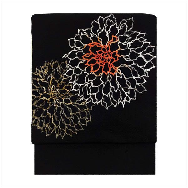 名古屋帯 正絹 手描き 「万寿菊」 黒 京玉響 : 名古屋帯と半幅帯 西陣