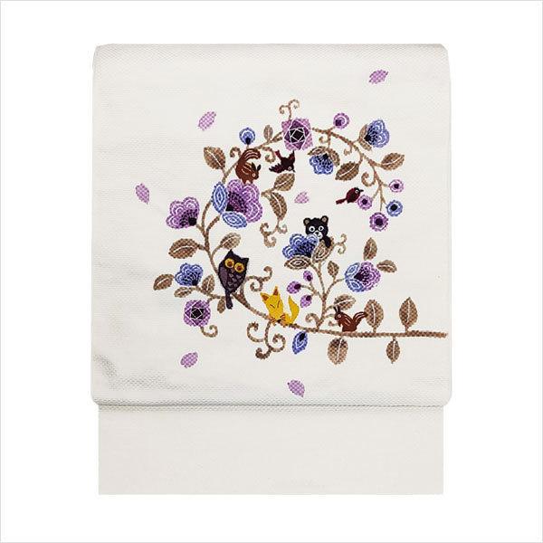 美品★正絹　名古屋帯　花鳥　鳥　花　螺鈿　箔　オフホワイト地に染め　白系　生成り 美品☆正絹 名古屋帯 花鳥 鳥 花 螺鈿 箔 オフホワイト地に染め