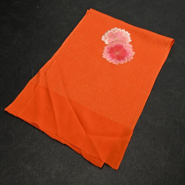 振袖用-膨れ織帯揚げ 刺繍入り mo3015 オレンジ/桜大 : きもの京