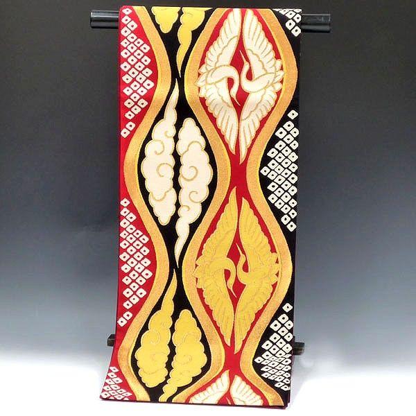 振袖用袋帯 nhy18137-4 成人式振袖 レッド・赤地/向い鶴・古典柄