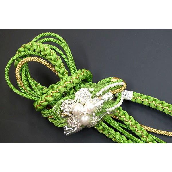 振袖用 帯〆 ntu1819-5 帯締め グリーンとゴールドのMIX/パールの飾り