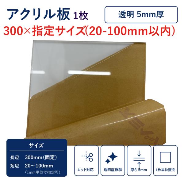 透明アクリル板 厚さ5mm 300mm×指定サイズ（100mm以内）1枚 カット販売 1mm単位 DIY 工作 オーダー
