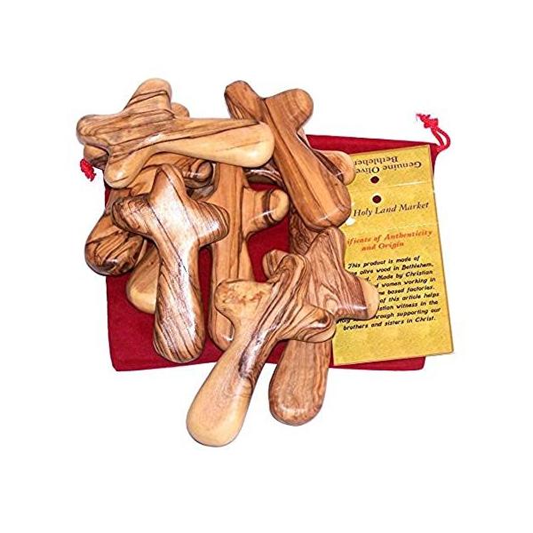 10 Olive Wood Holding Hand Crosses with Gift Bags (With Red or Black Velvet