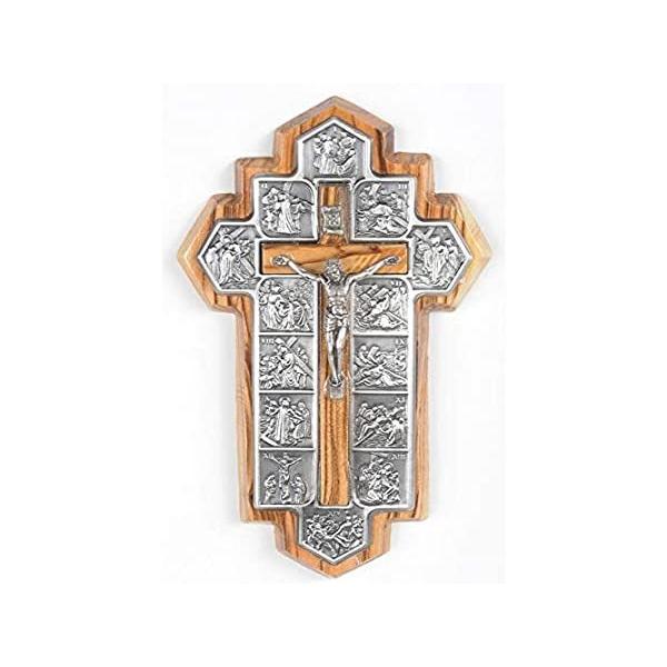 Olive Wood Crucifix - icon showing 14 Stations of the Cross etched on metal