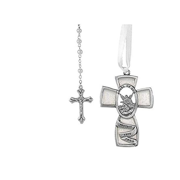 White Guardian Angel Crib Medal &amp; Rosary Set Baby Infant Girls Boys Childre sAi