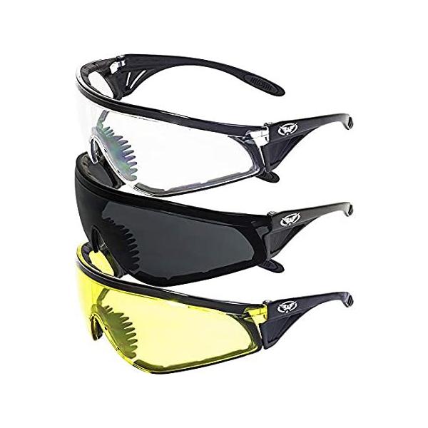 Set of 3 PAIRS: PADDED MOTORCYCLE RIDING GLASSES - DAY NIGHT DAWN DUSK SMOK
