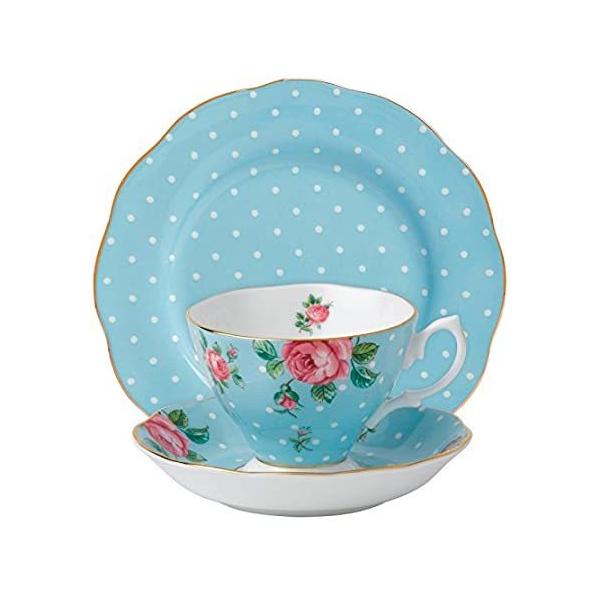 Albert 3-Piece New Country Roses Teacup, Saucer and Plate Set, Polka Blue  sAi
