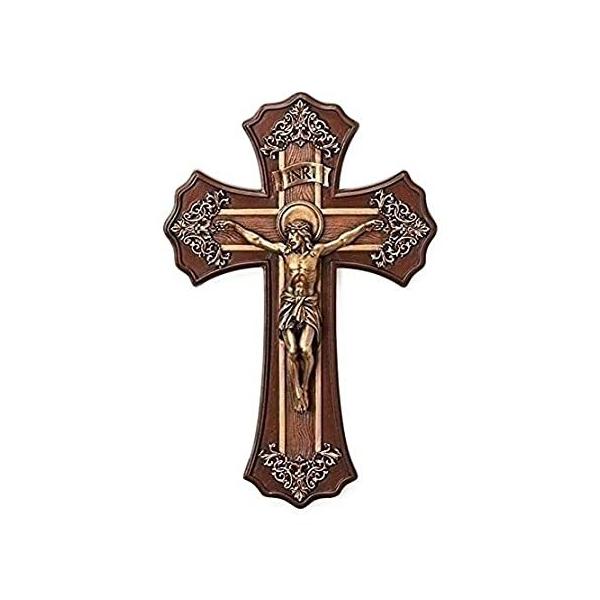 Roman 26cm Victorian Style Oak and Antique Gold Finish Crucifix Wall Cross