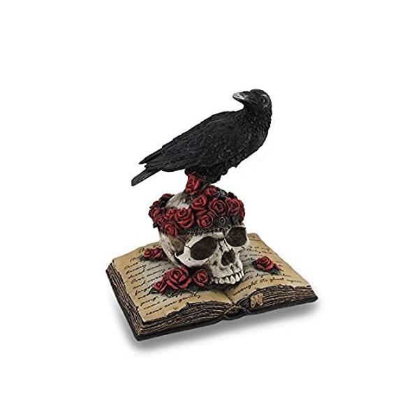 Resin Statues Perched Raven On Rose Skull And Open Poetry Book Statue 4.5 X