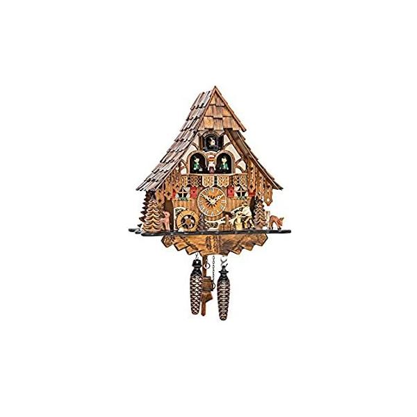 Quartz Cuckoo Clock Black Forest house with moving wood chopper and mill wh