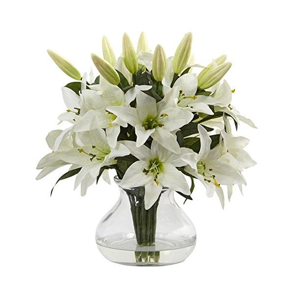 Nearly Natural 1434 Lily Silk Arrangement with Glass Vase