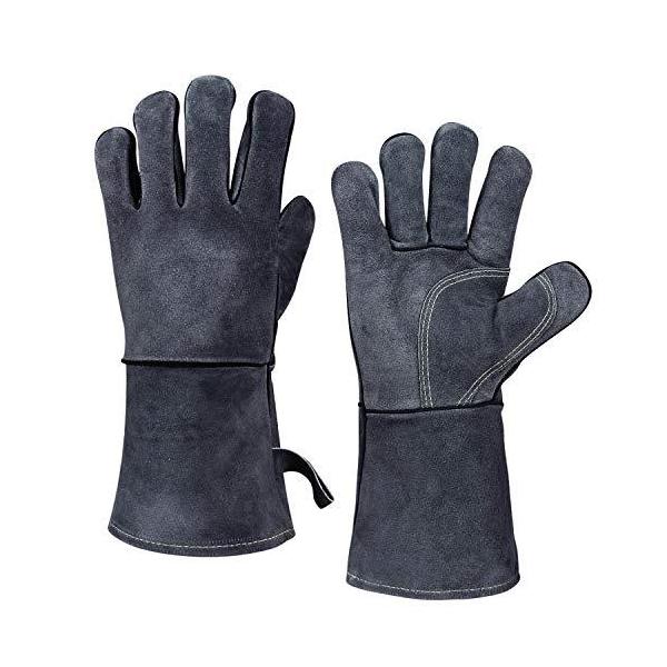 (Gray) - OZERO Heat Resistant Welding Gloves, Leather BBQ Baking Grill Gloves Mitts for Tig Welder/Fireplace/Stove/Pot Holder - Soft Cotton
