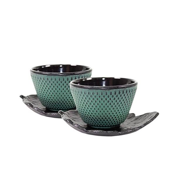 2 Black Leaf Teacup Saucer + 2 Green Polka Dot Hobnail Japanese Cast Iron Tea Cup Teacup ~ We Pay Your Sales Tax