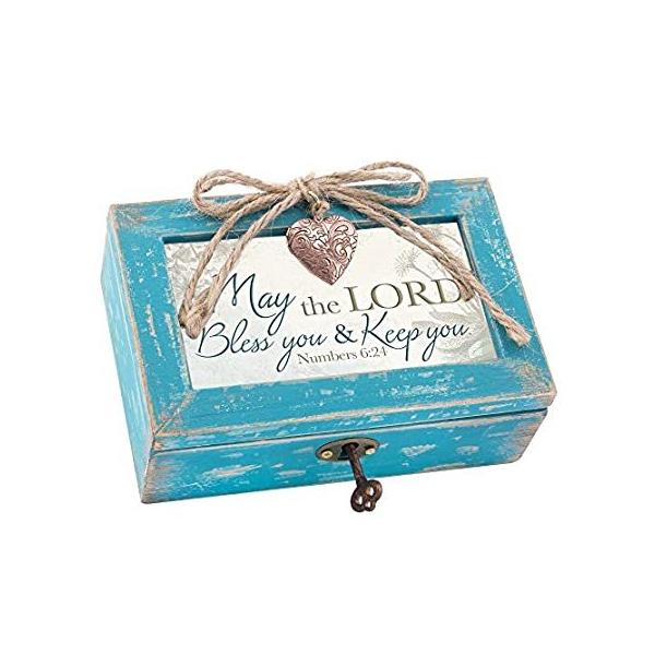 May the Lord Bless &amp; Keep You Teal Wood Locket Jewellery Music Box Plays Tu ���s�A���i