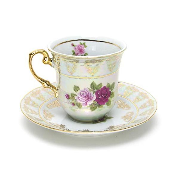 Euro Porcelain 12-Pc. "Roses" Tea Cup and Saucer Coffee Set (8 oz.), White Pearlescent Floral Pattern with 24K Gold-Plated Accents, Tea Service for 6,