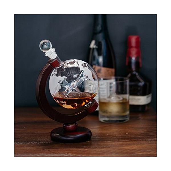 Large 50 Oz Handmade Vodka or Liquor Etched Globe Decanter Set with Wooden Stand and Bar Funnel (Wood Stand + Plane)
