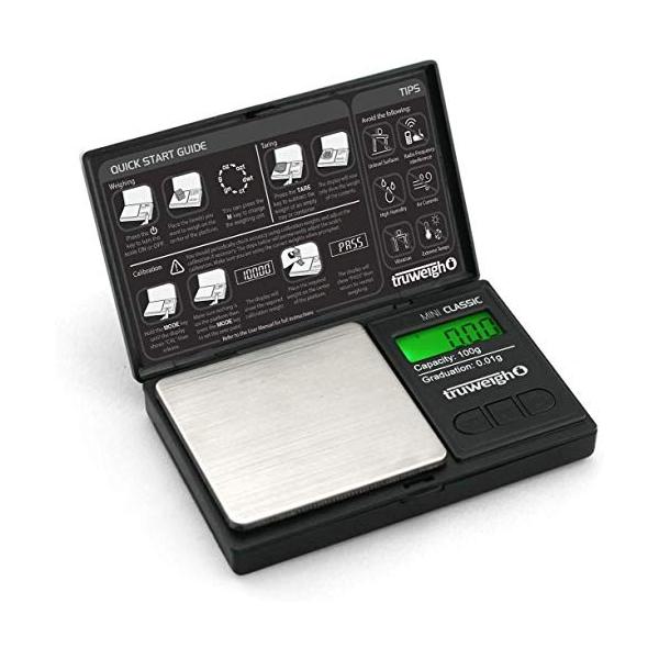Truweigh - MINI CLASSIC Digital Mini Scale 100g x 0.01g and Long Lasting Portable Grams Scale for Kitchen Scale, Food Scale and Postal Scale Use (Blac