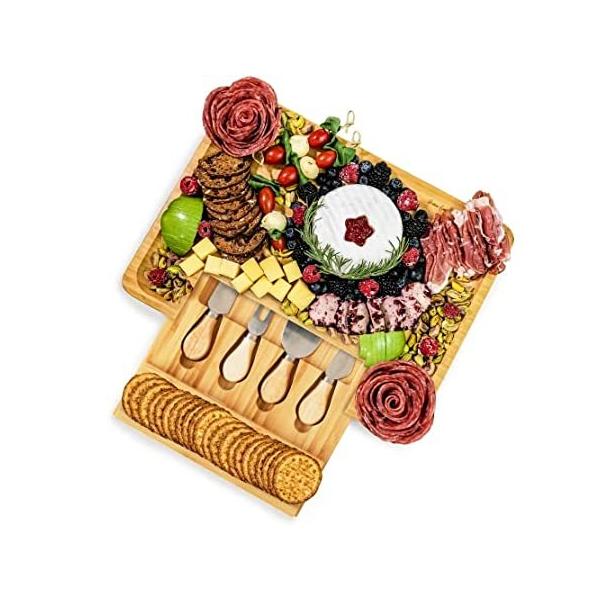 100% Natural Bamboo Cheese Board and Cutlery Set with Slide-out Drawer by H ���s�A���i